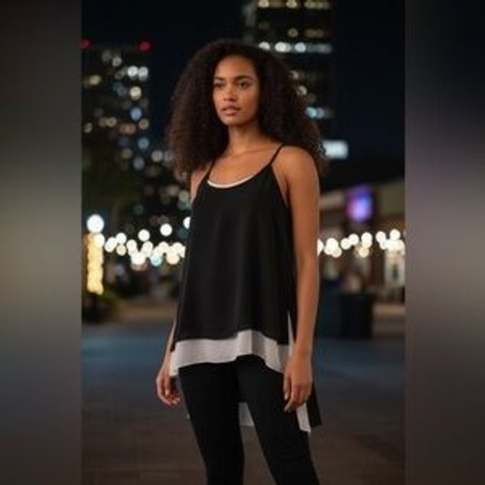 BCBGMAXAZRIA Hanne Black White Layered Asymmetrical Tank Top Blouse Size Medium